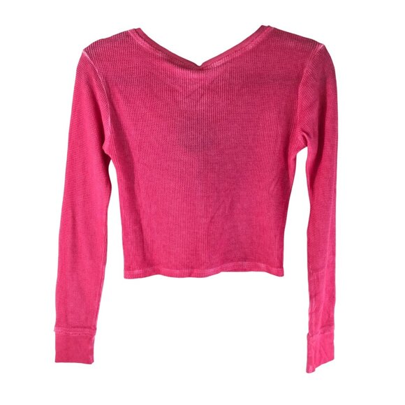 Sundown by Splendid Womens Crop Top Thermal Waffle Knit Henley Pink Scrunchie M - Picture 2 of 5